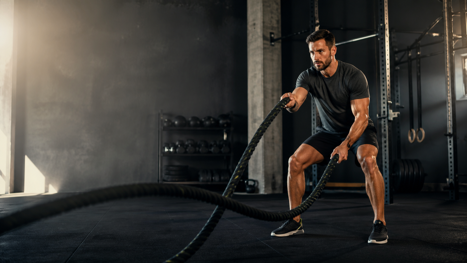 Athlète concentré pendant une séance de crosstraining avec des cordes ondulatoires